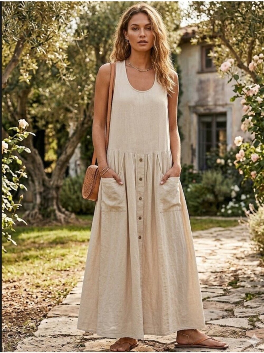 Free People Linen Blend Jumper Dress Size M With Pocket Boho